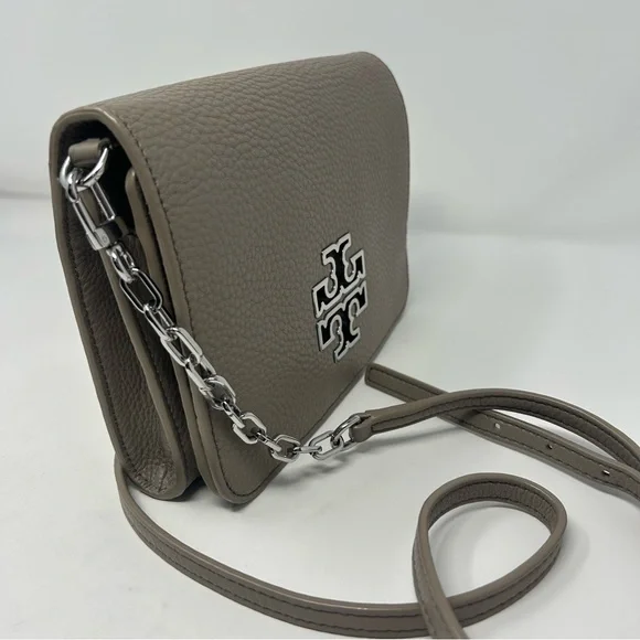 Tory Burch Britten Combo Crossbody Shoulder Bag Taupe Leather Silver Hardware - Picture 3 of 14